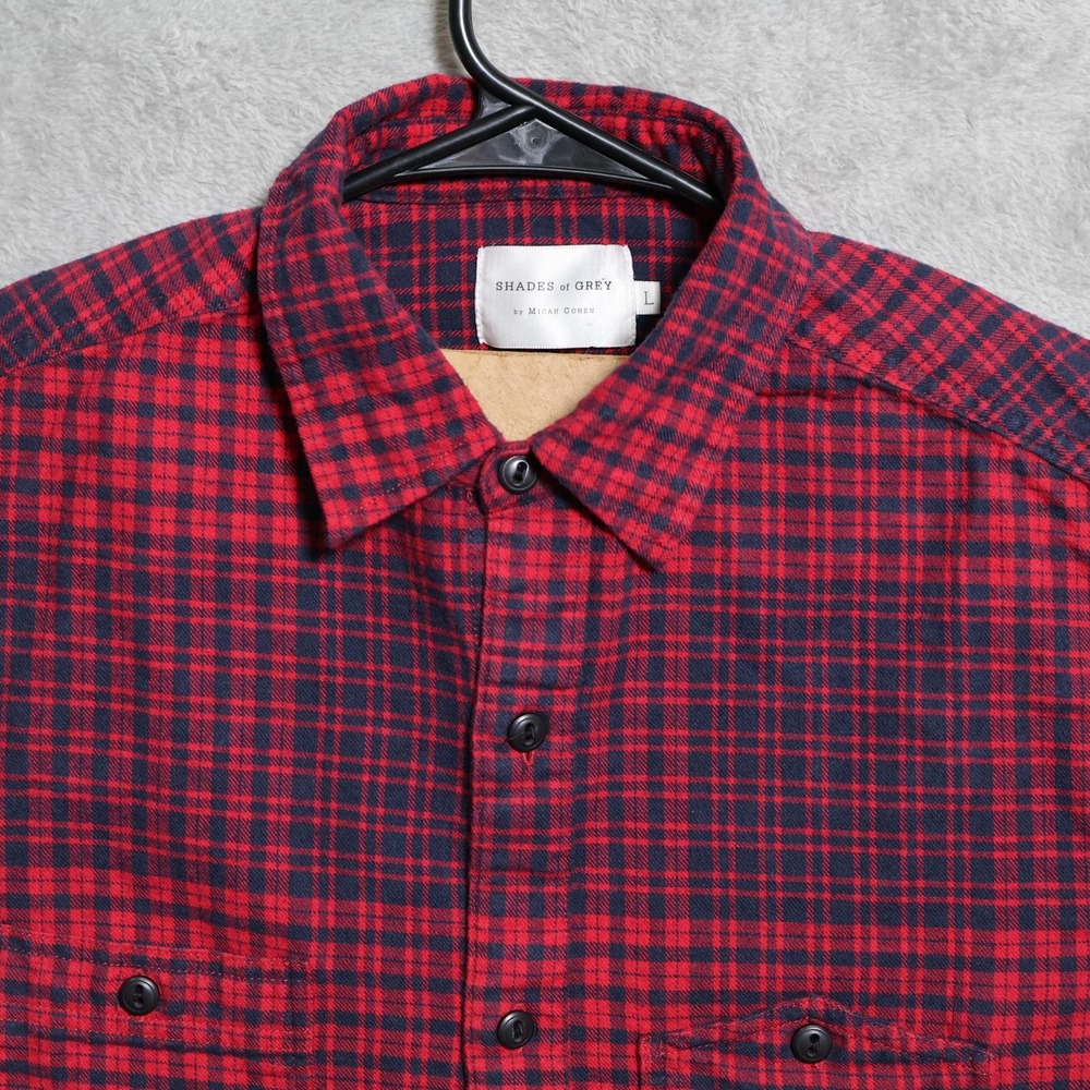 Shades of Grey Micah Cohen Shirt Mens Large Red Blue Flannel Plaid Button Down
